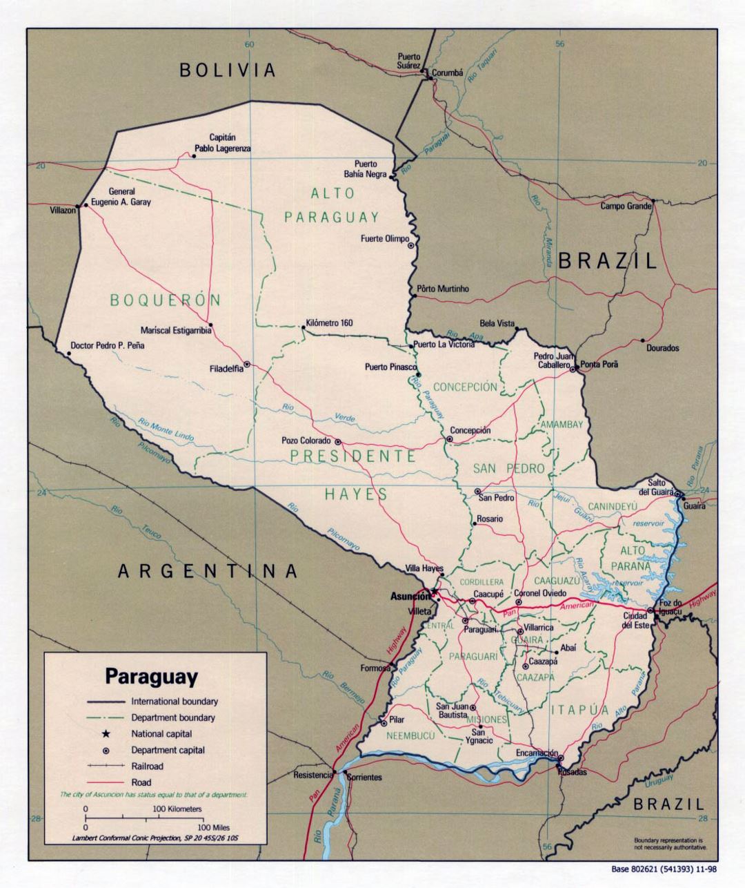 Большая политическая и административная карта Парагвая с дорогами и городами - 1998
