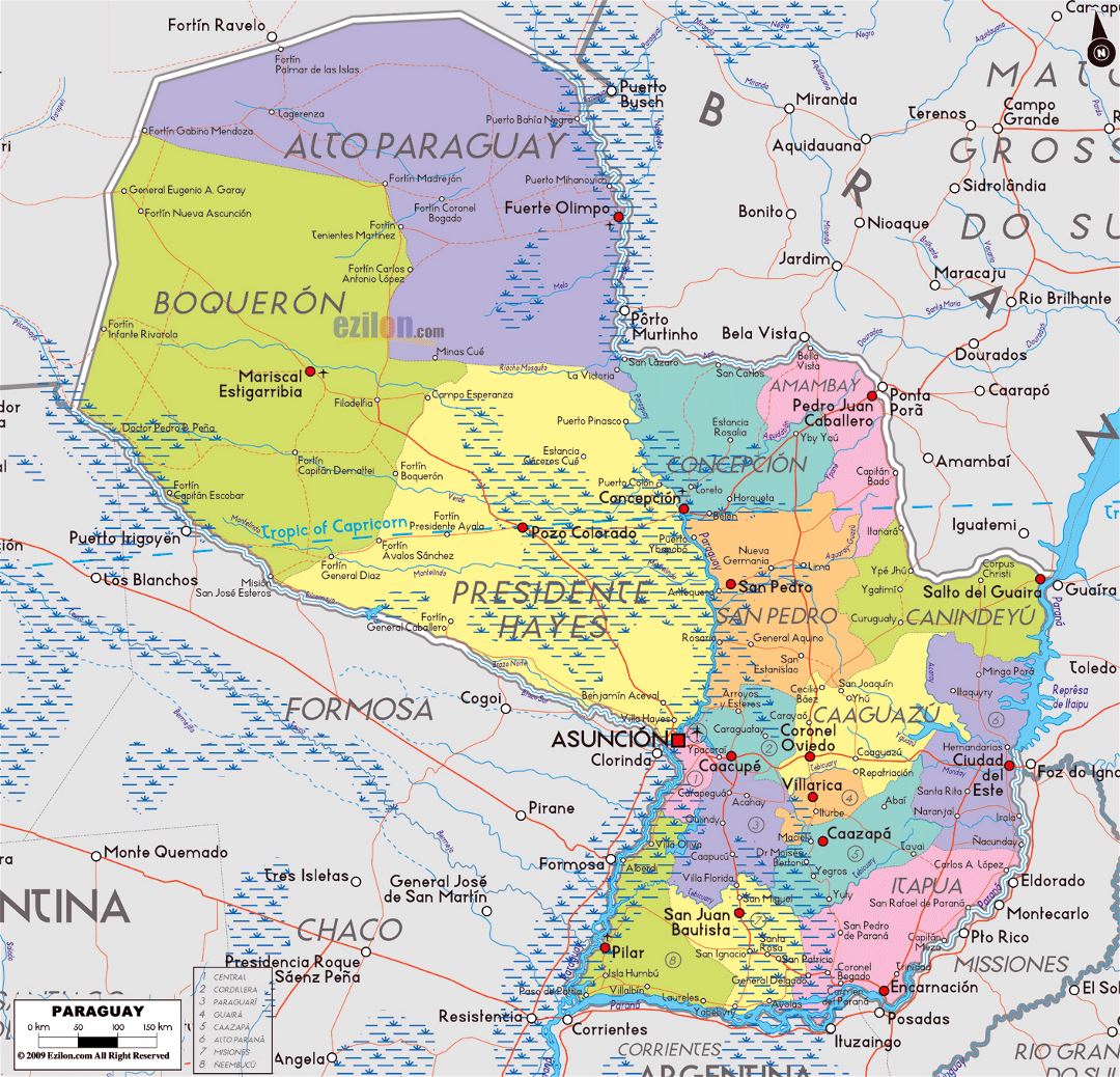Большая политическая и административная карта Парагвая с дорогами, городами и аэропортами