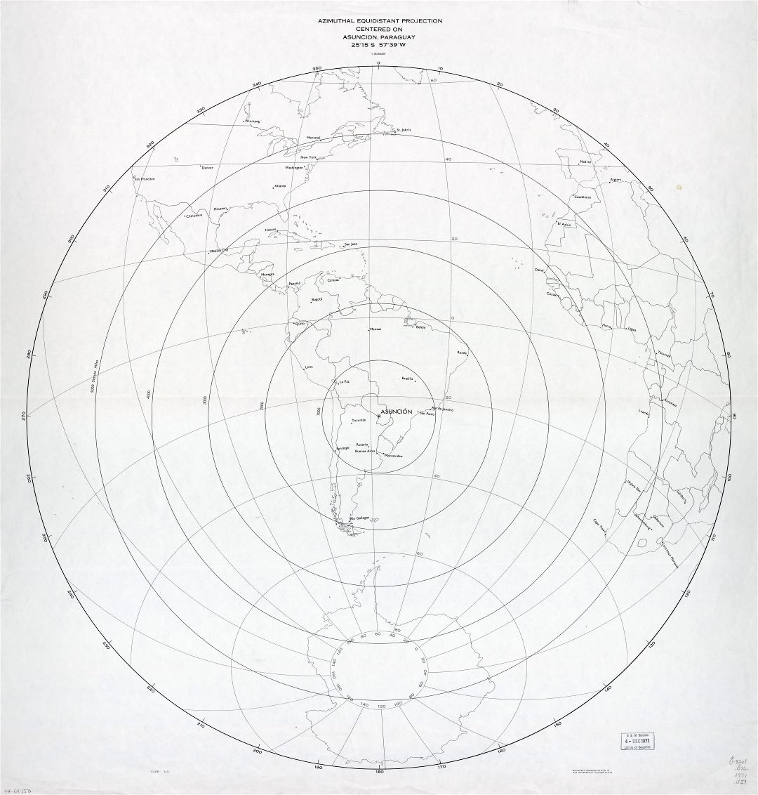 Крупномасштабная детальная азимутальная эквидистантная карта проекции с центром в Асунсьоне, Парагвай - 1971