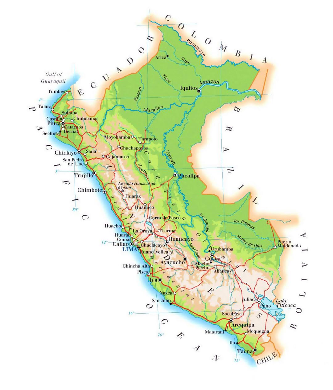 Подробная карта высот Перу с дорогами, городами и аэропортами