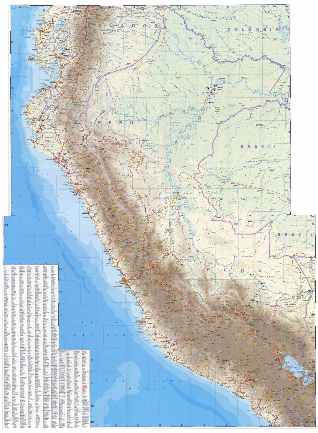 В высоком разрешении детальная карта дорог Перу со всеми городами и другими пометками