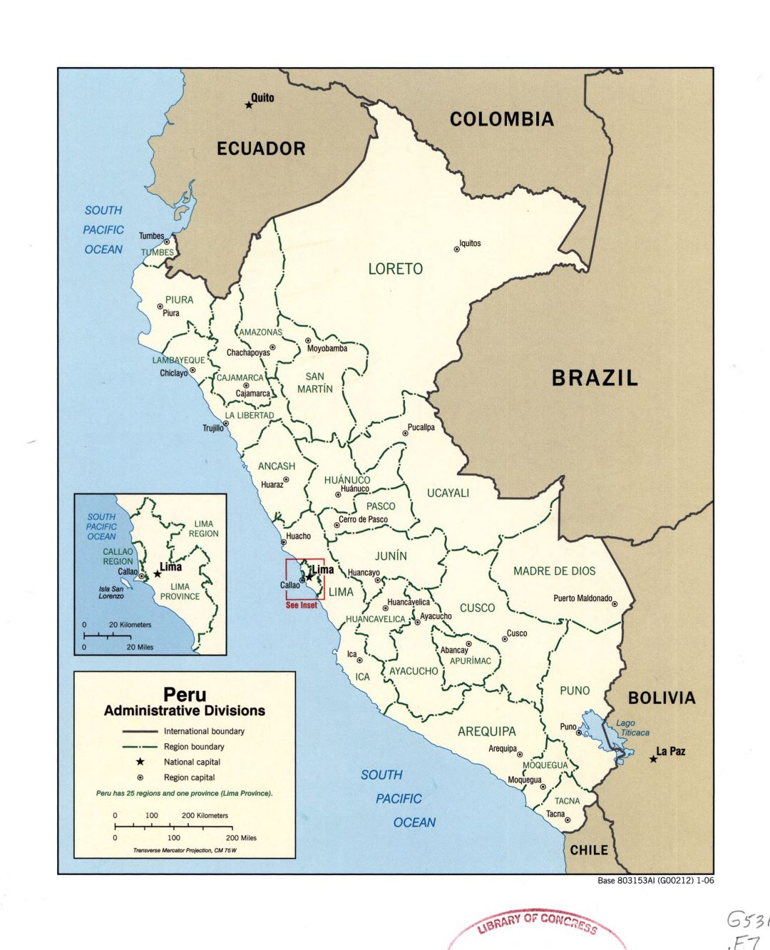 Большая детальная карта административных делений Перу с отметками крупных городов - 2006