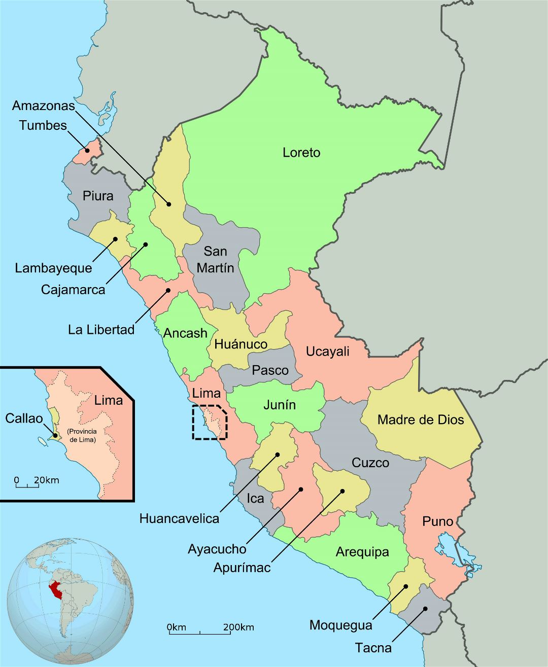 Большая детальная административная карта Перу
