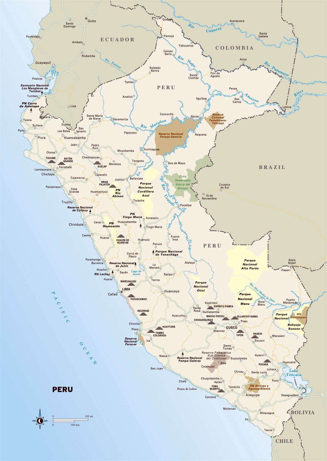Большая подробная карта Перу с национальными парками