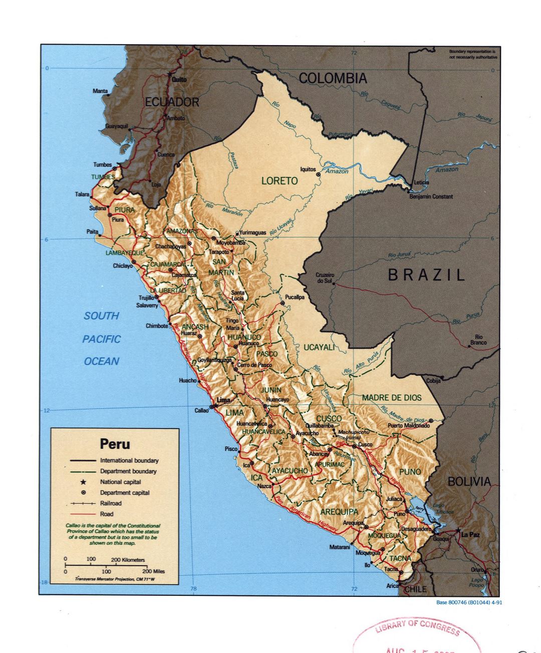 Большая детальная политическая и административная карта Перу с рельефом, пометками дорог, железных дорог и крупных городов - 1991
