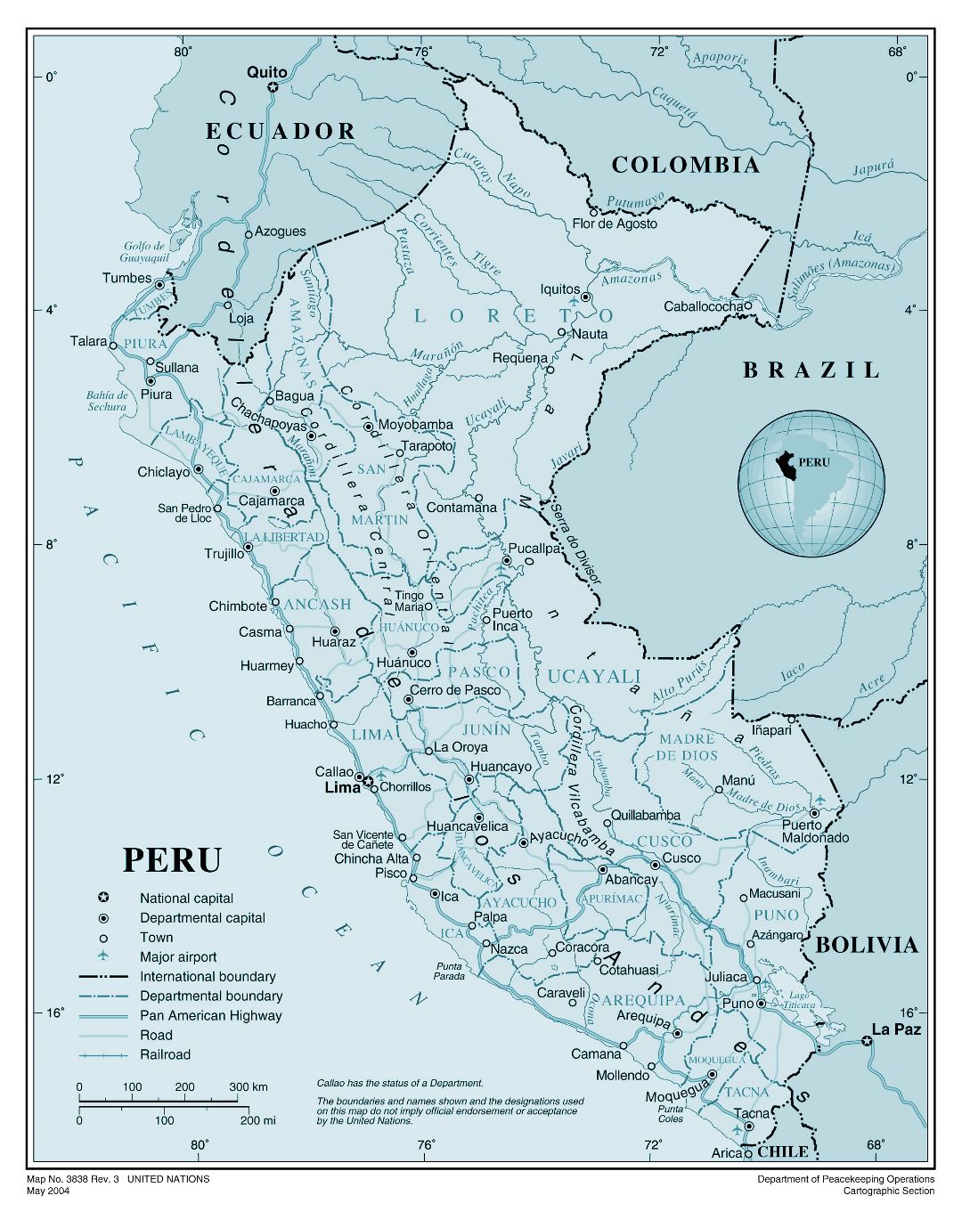 Большая детальная политическая и административная карта Перу с дорогами, городами и аэропортами