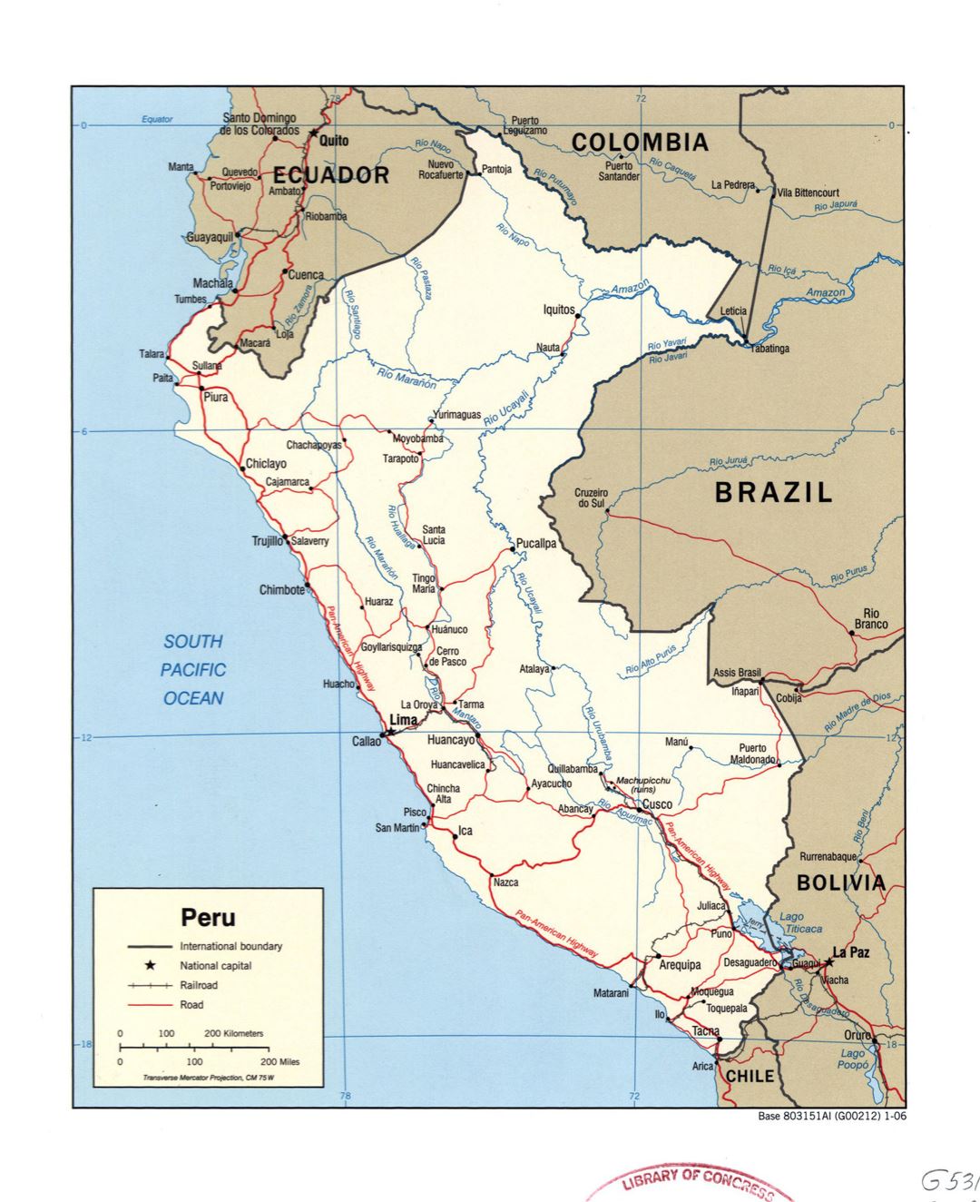 Большая детальная политическая карта Перу с пометками дорог, железных дорог и крупных городов - 2006