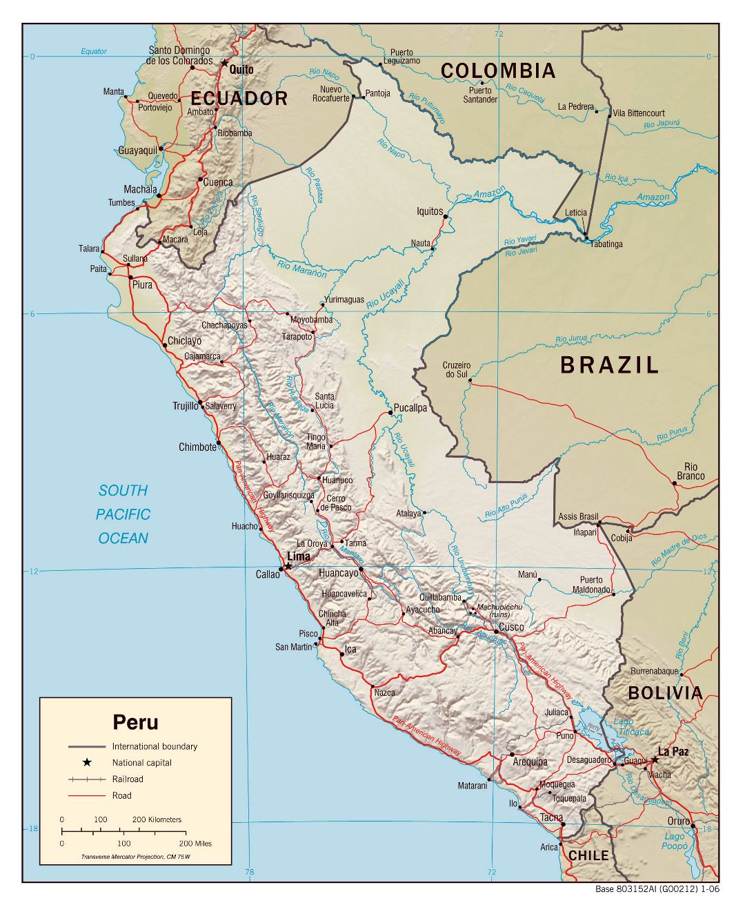 Большая детальная политическая карта Перу с рельефом, дорогами и городами - 2006