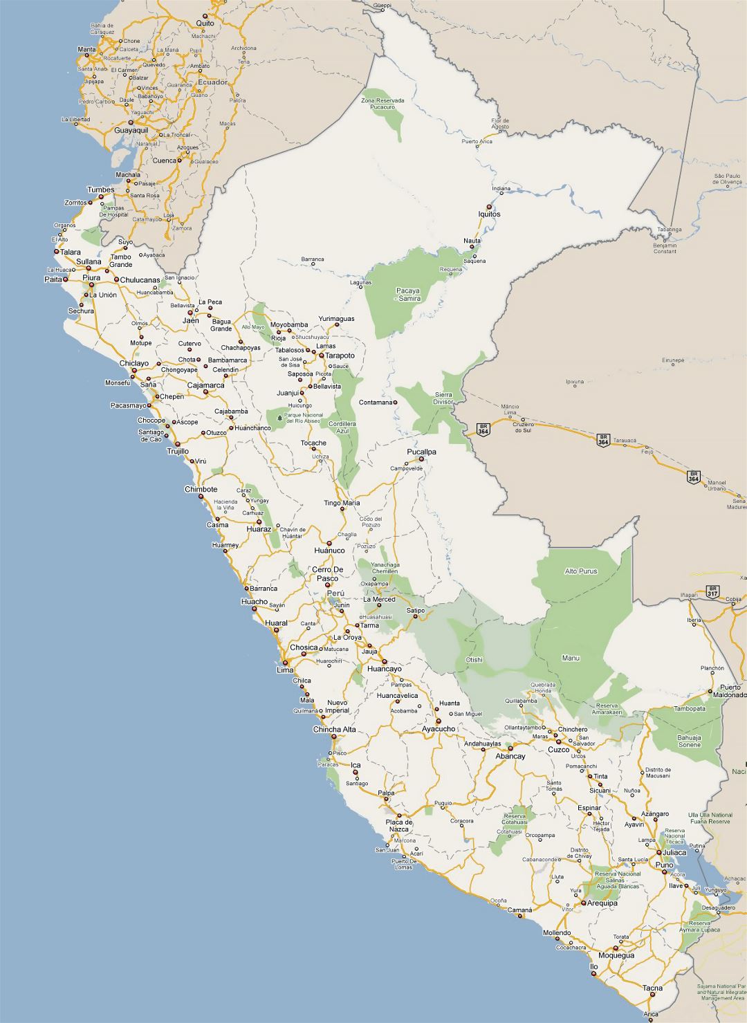Большая подробная карта дорог Перу со всеми городами