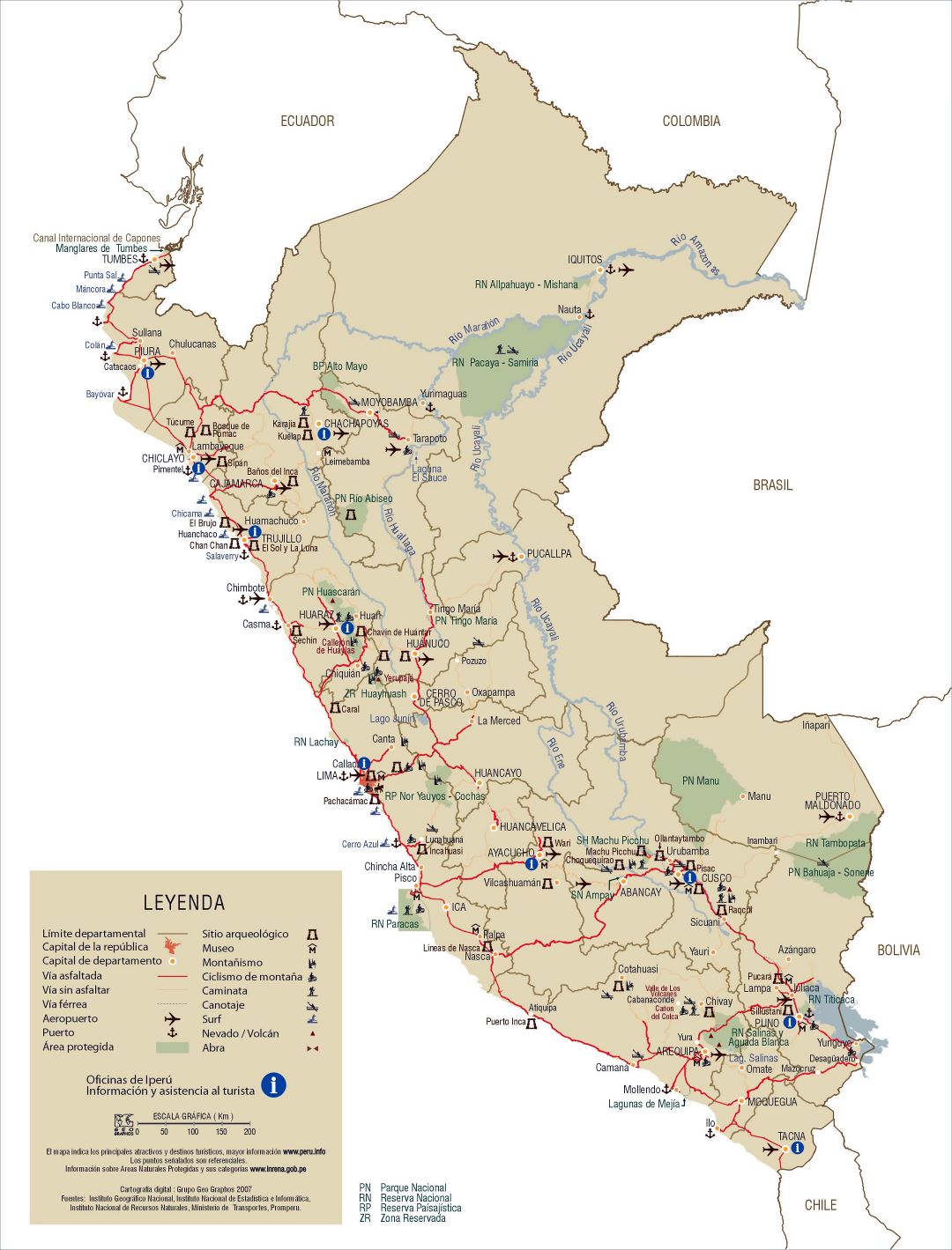 Большая детальная туристическая карта Перу с дорогами