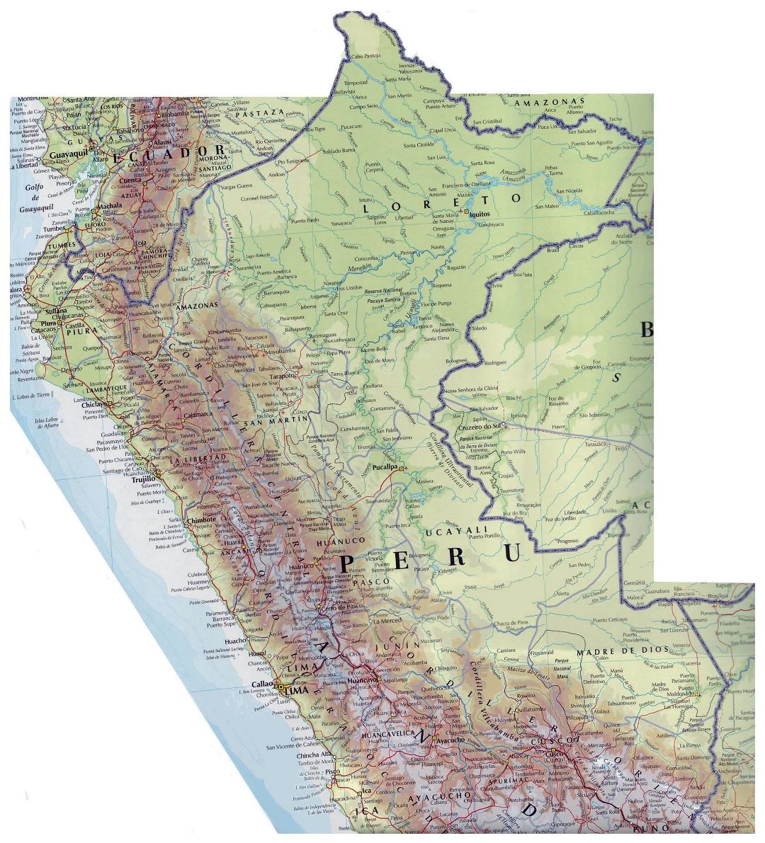 Большая карта Перу с дорогами и городами