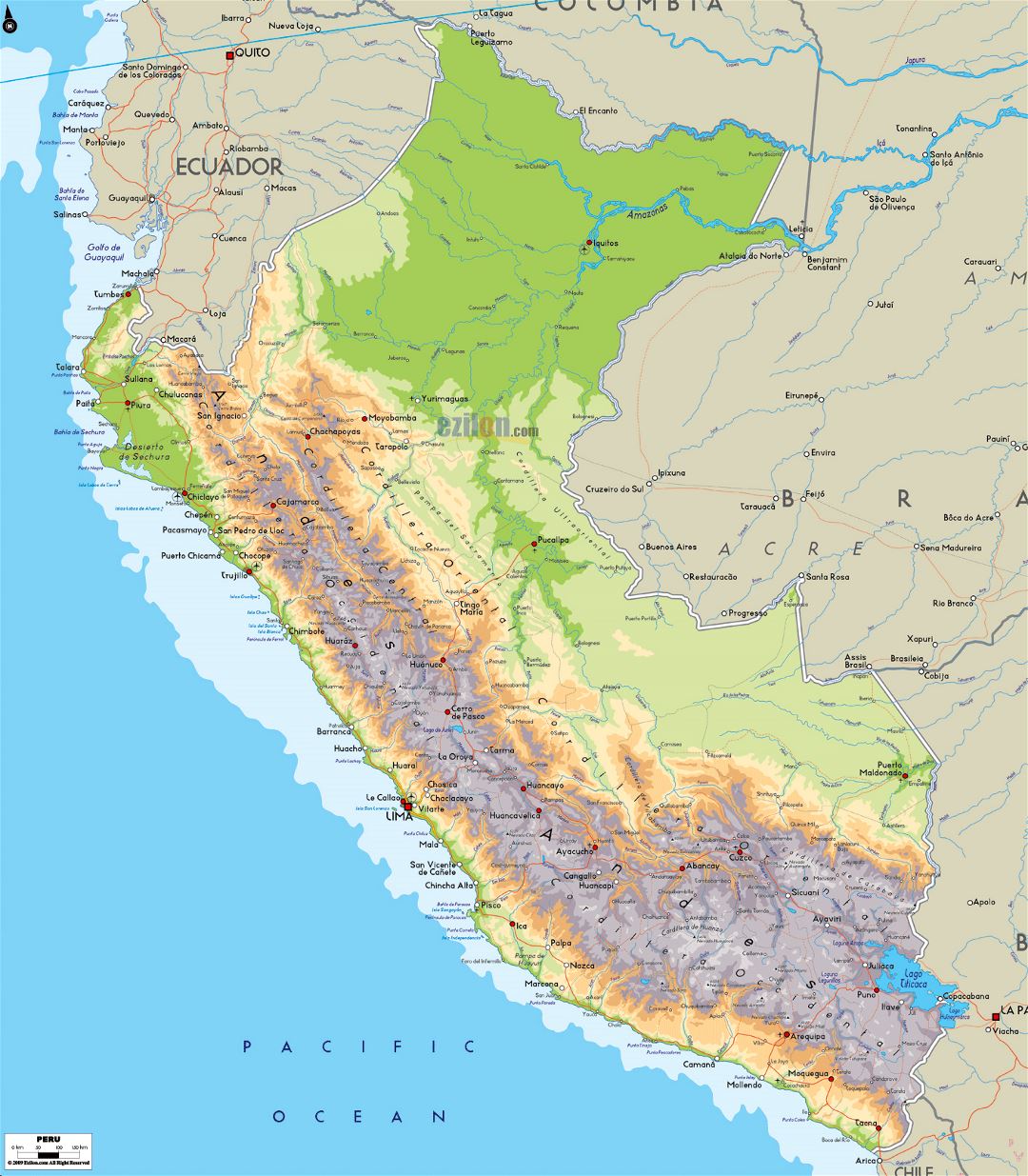 Большая физическая карта Перу с дорогами, городами и аэропортами
