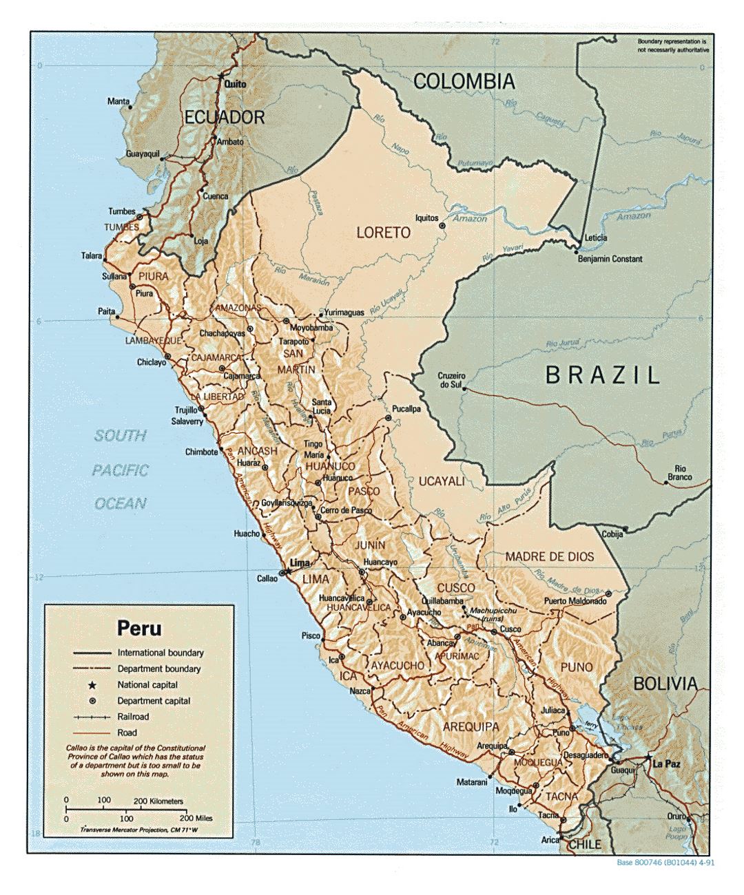 Большая политическая и административная карта Перу с рельефом, дорогами и крупными городами - 1991
