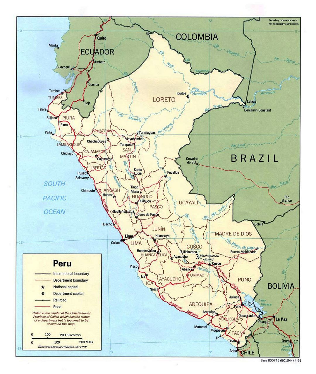 Большая политическая и административная карта Перу с дорогами и крупными городами - 1991