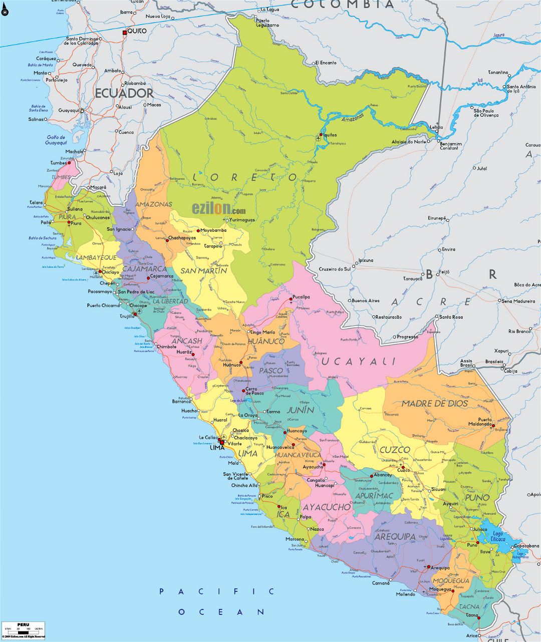 Большая политическая и административная карта Перу с дорогами, городами и аэропортами