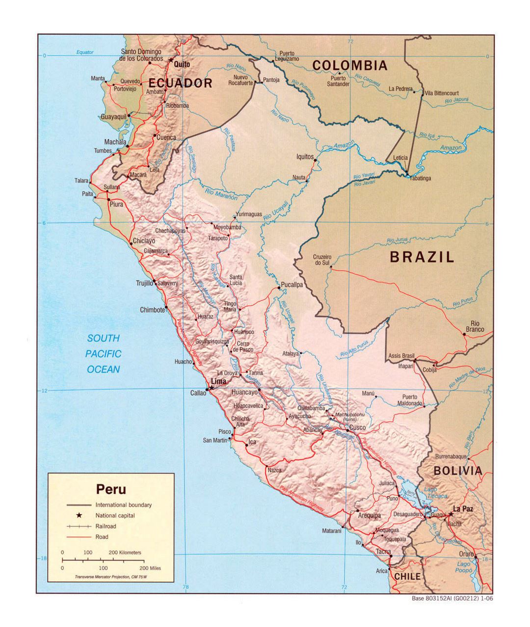 Большая политическая карта Перу с рельефом, дорогами и крупными городами - 2006