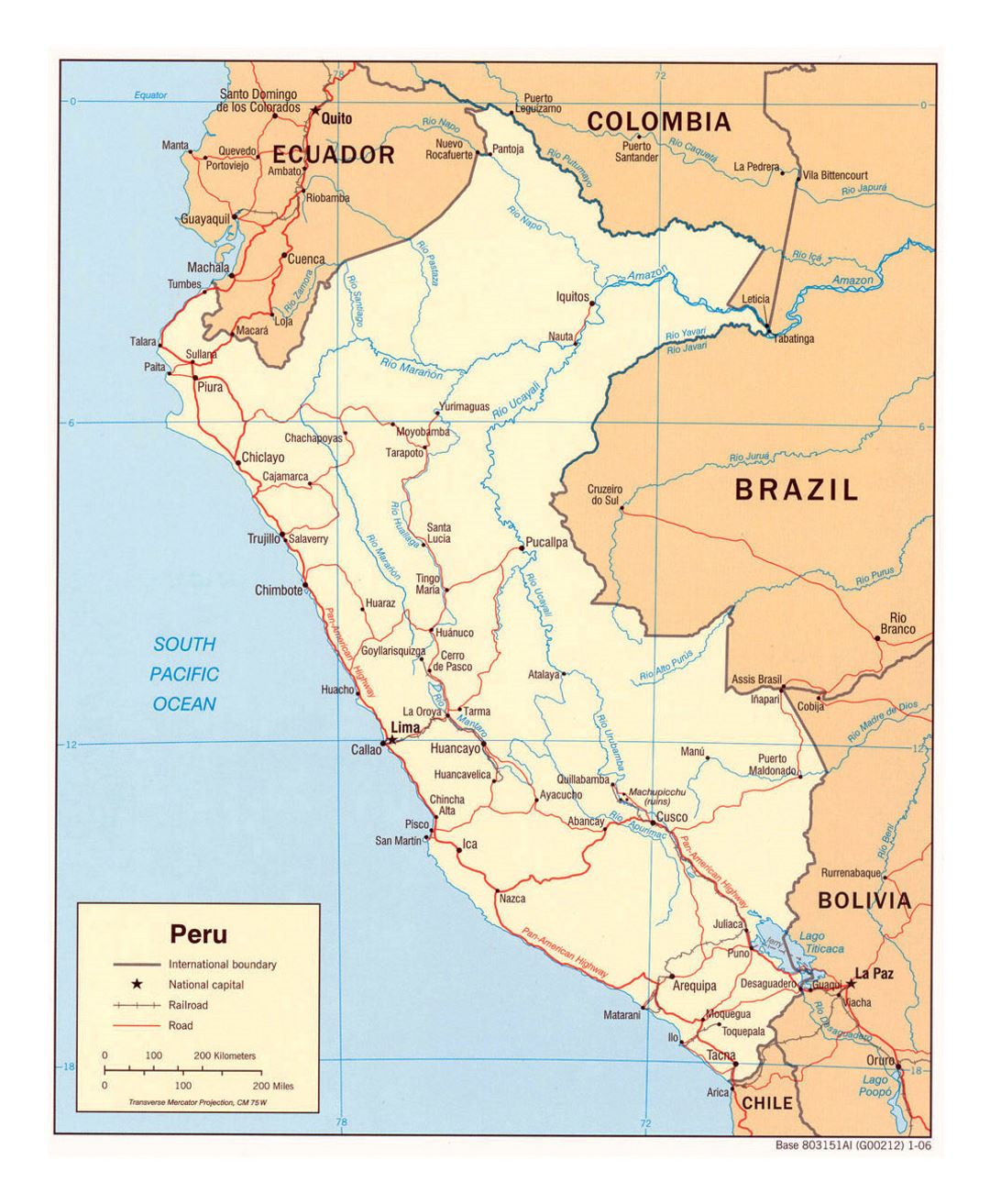 Большая политическая карта Перу с дорогами и крупными городами - 2006