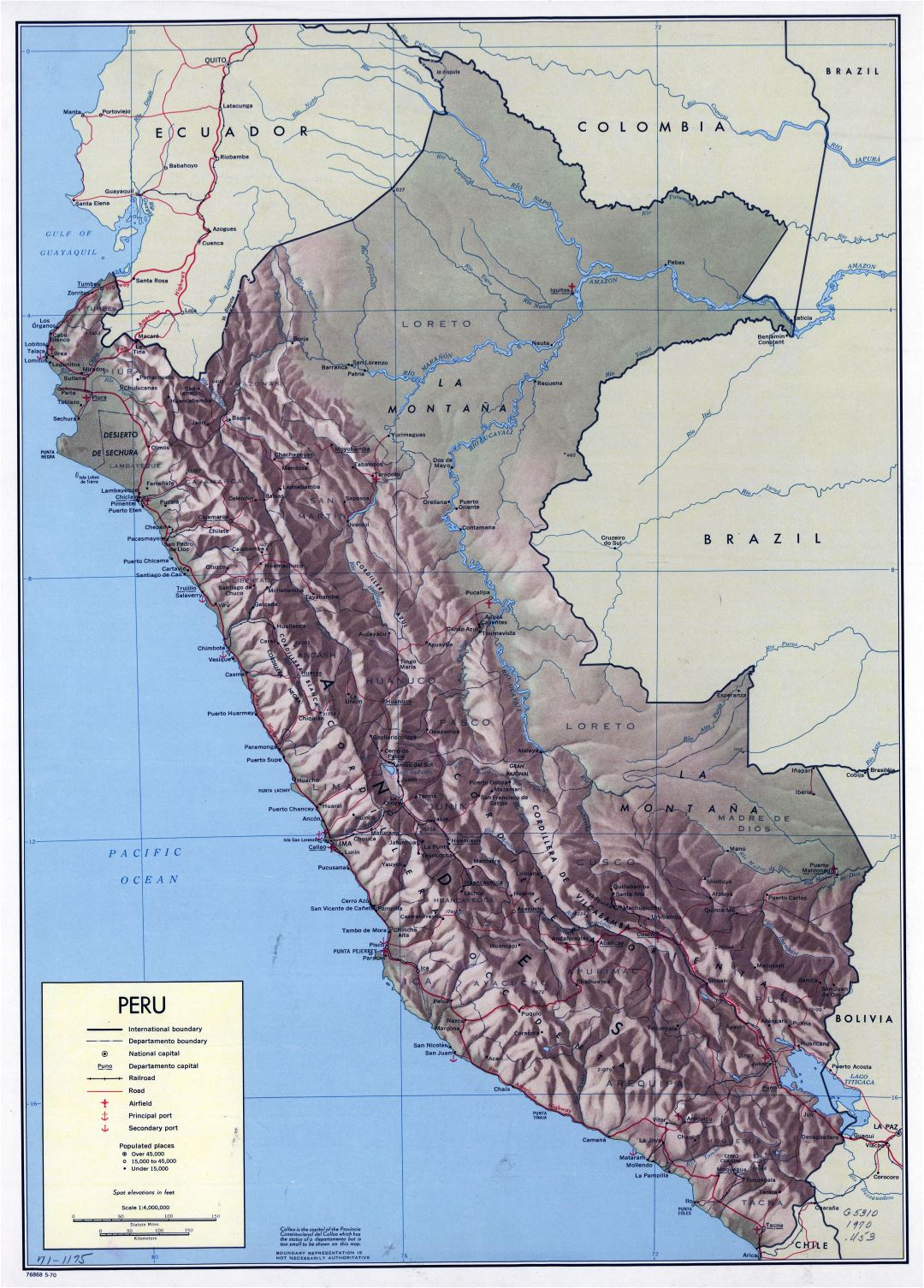 Крупномасштабная политическая и административная карта Перу с рельефом, пометками дорог, железных дорог, городов, аэропортов и морских портов - 1970