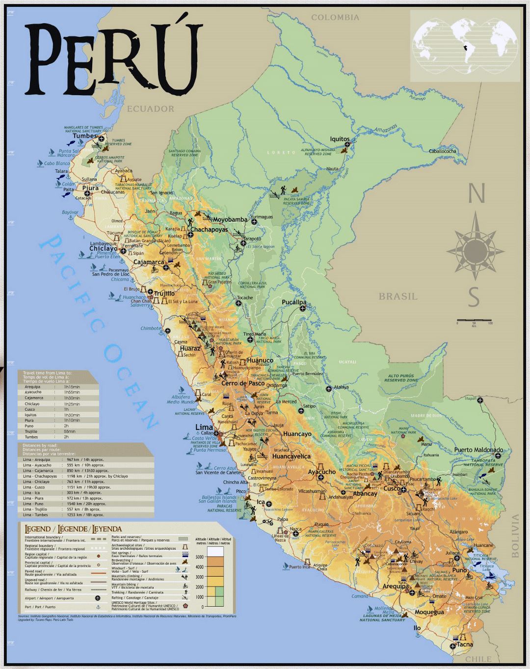 Большая туристическая карта Перу