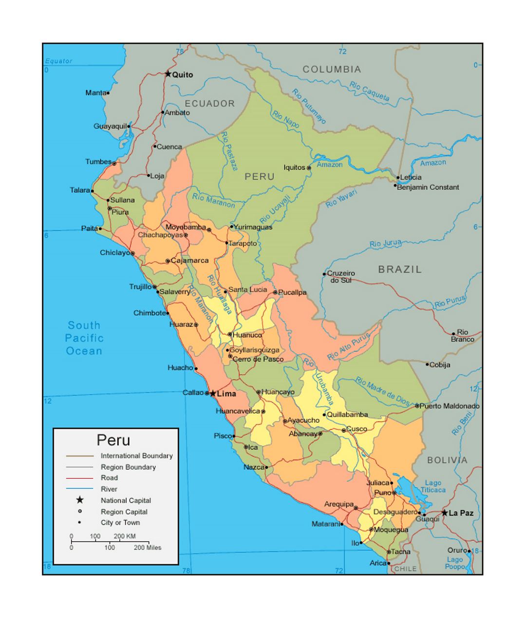 Политическая и административная карта Перу с дорогами и крупными городами