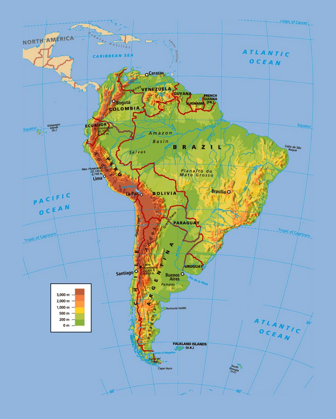 Политическая и физическая карта Южной Америки