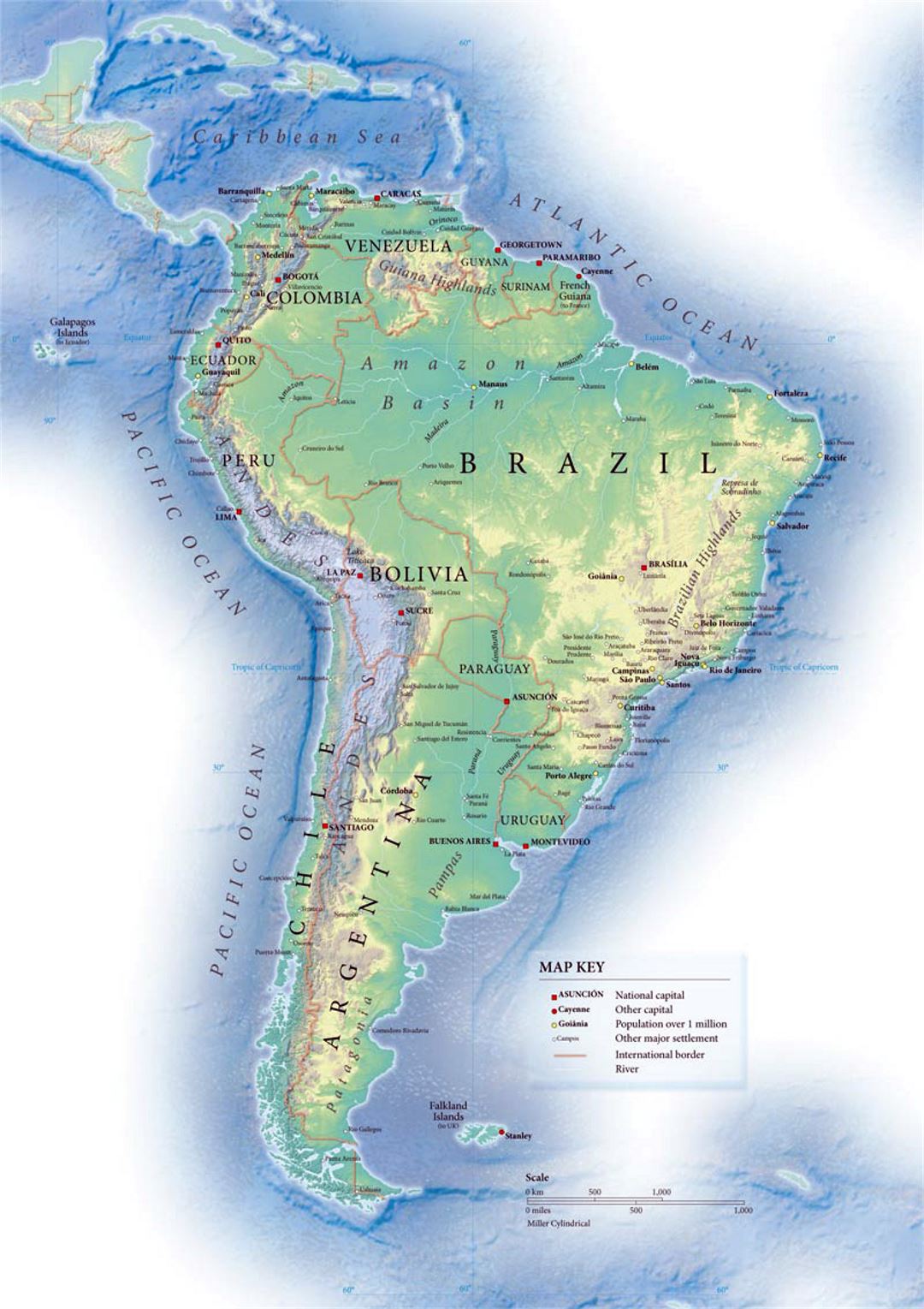 Политическая карта Южной Америки с рельефом