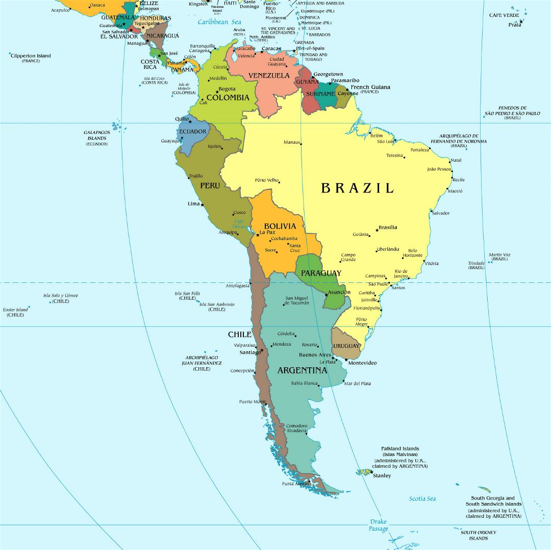 Политическая карта Южной Америки