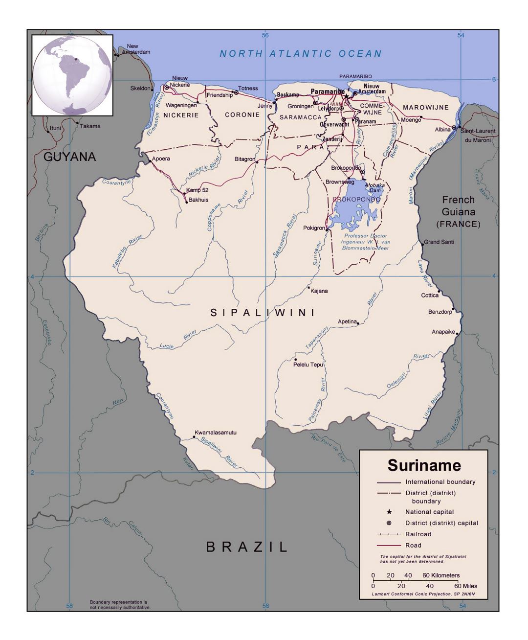 Детальная политическая и административная карта Суринама с крупными городами