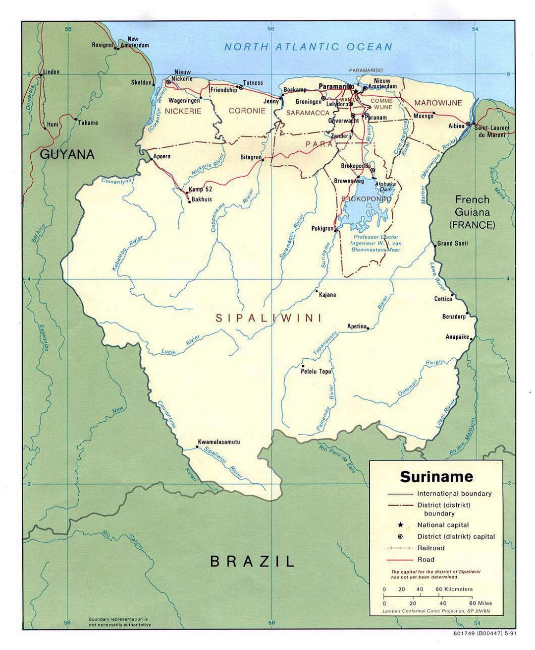 Подробная политическая и административная карта Суринама с дорогами и крупными городами