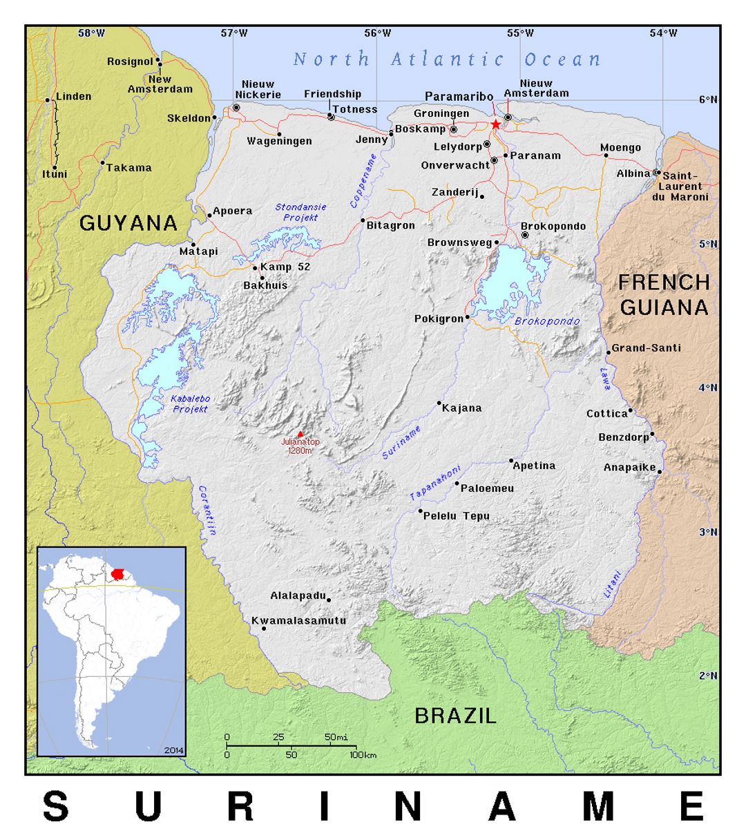 Детальная политическая карта Суринама с рельефом
