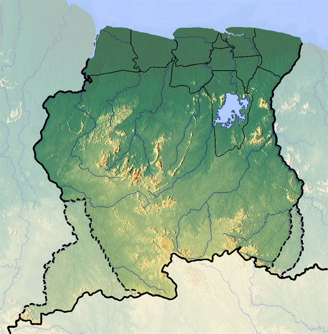 Детальная карта рельефа Суринама