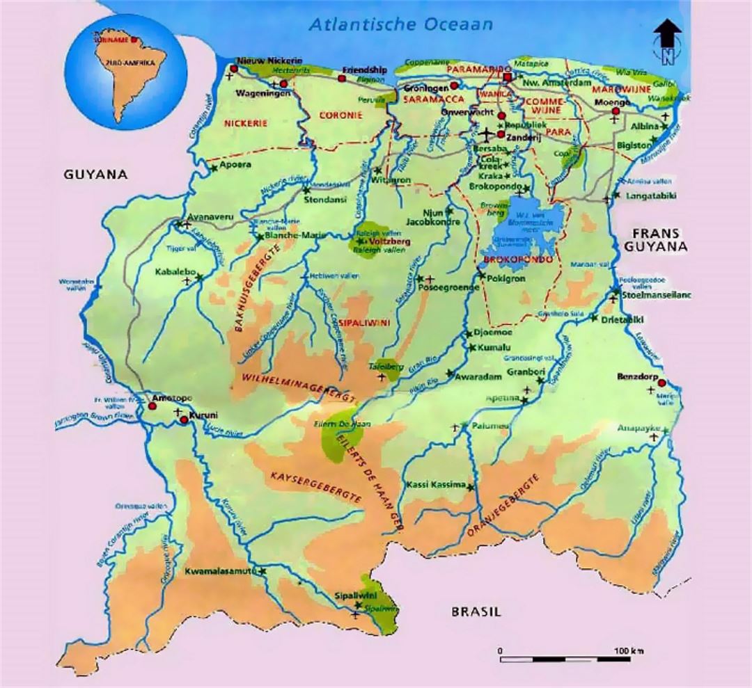Карта высот Суринама с городами
