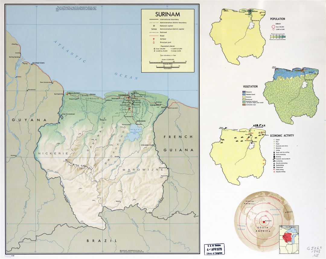 Большая детальная профильная карта страны Суринама - 1968