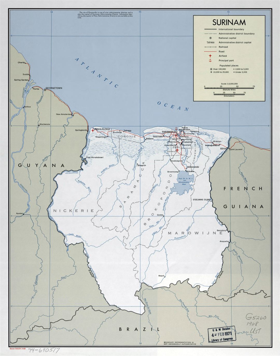Большая подробная политическая и административная карта Суринама с пометками дорог, железных дорог, городов, морских портов и аэропортов - 1968