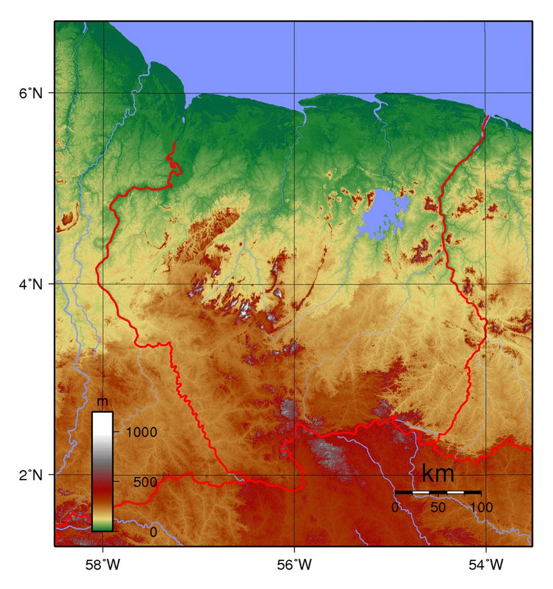 Большая физическая карта Суринама