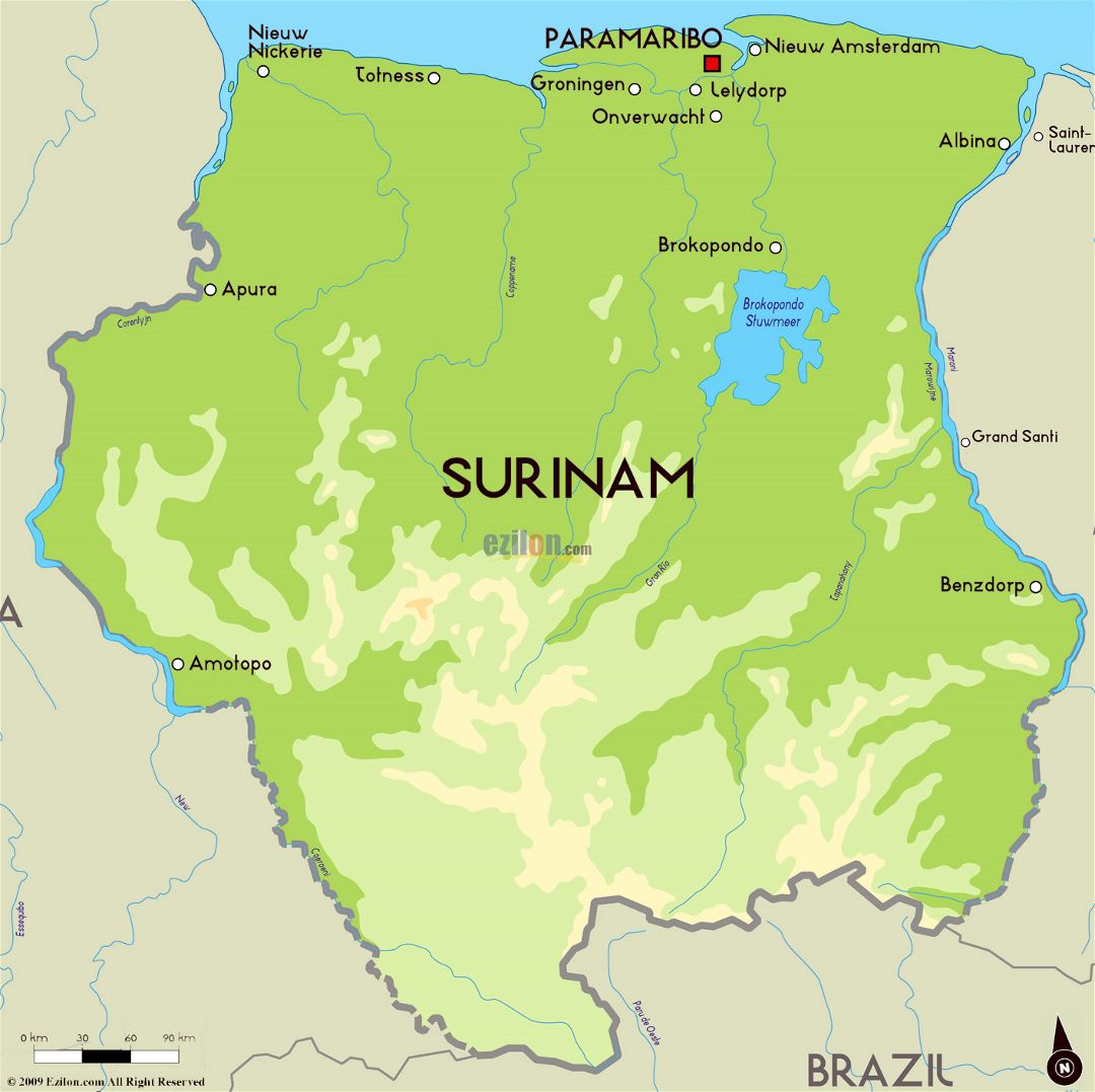 Большая физическая карта Суринама с крупными городами