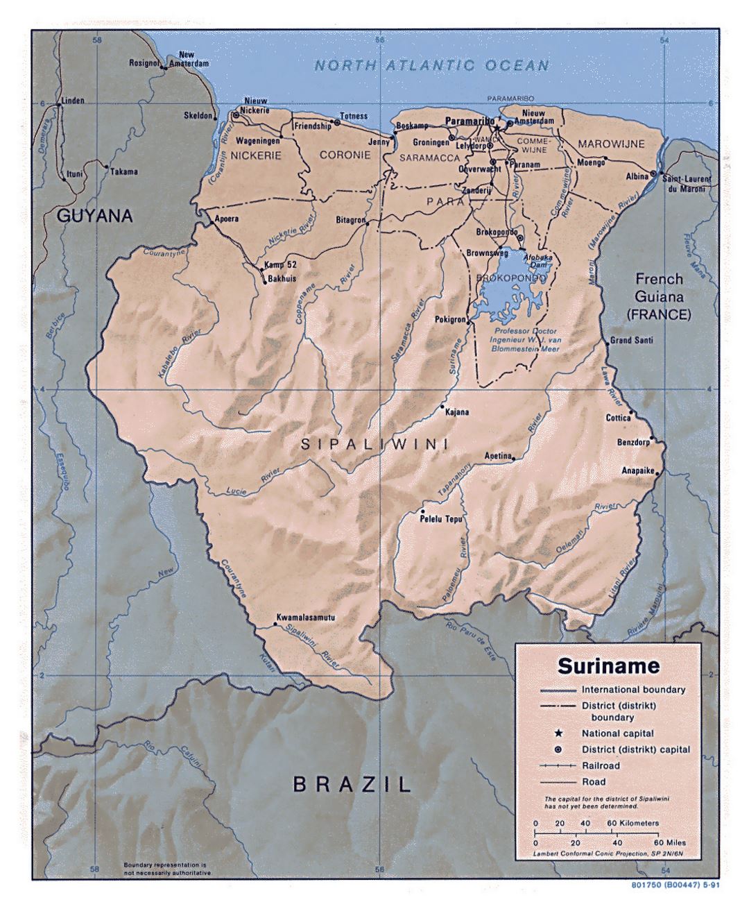 Большая политическая и административная карта Суринама с рельефом, дорогами и крупными городами - 1991