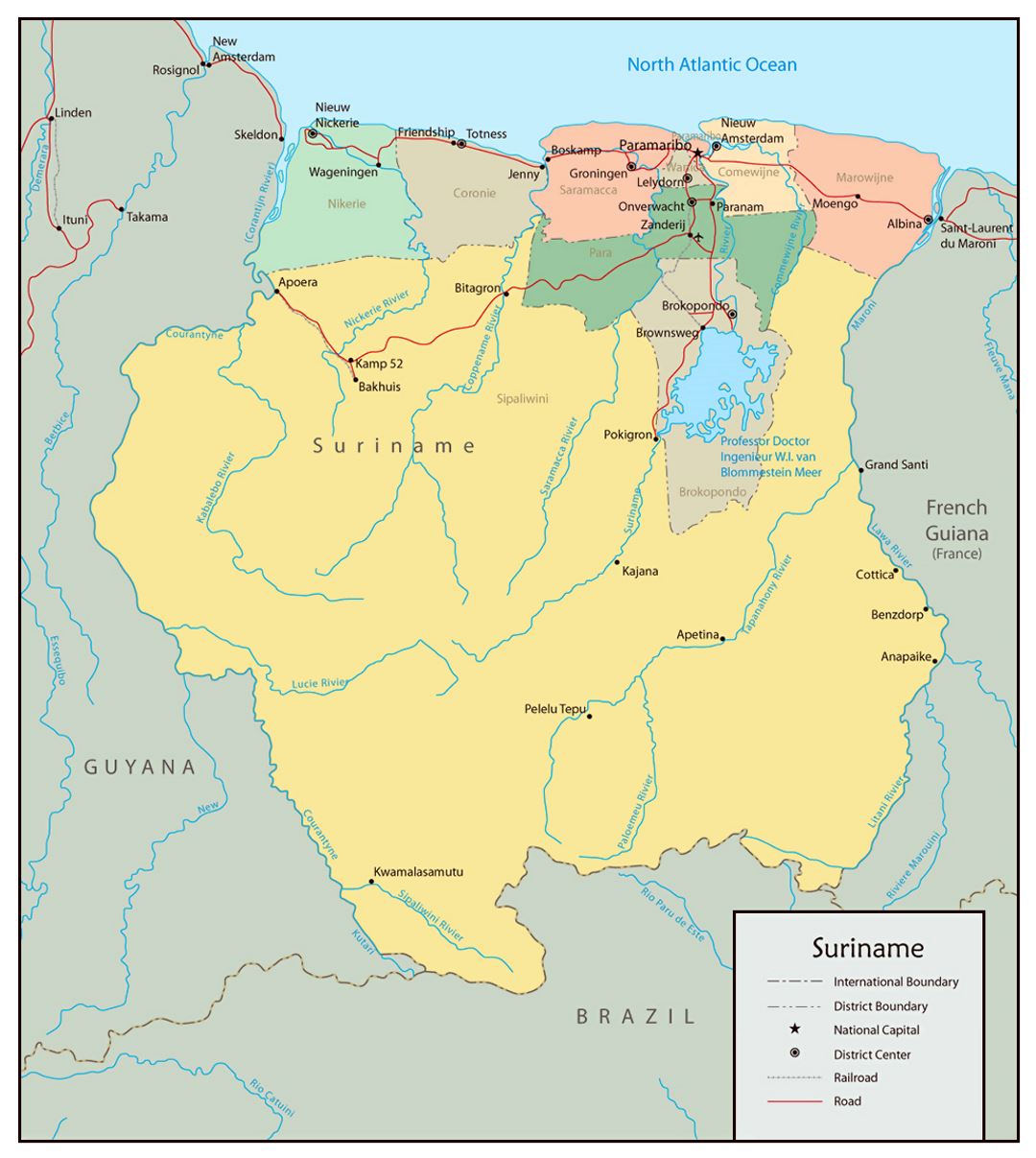 Большая политическая и административная карта Суринама с дорогами и городами