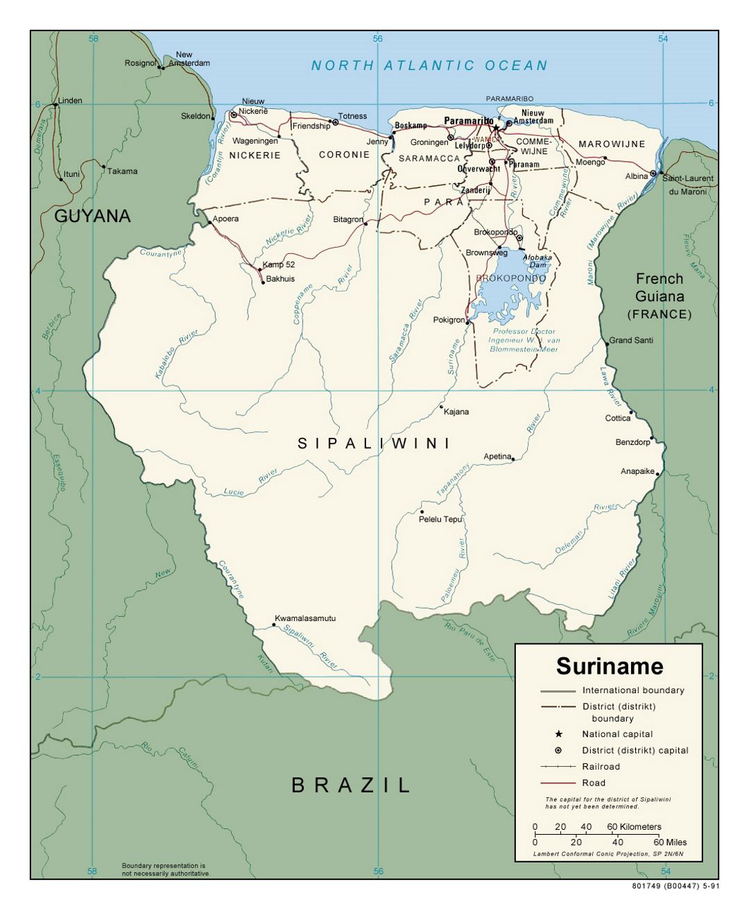 Большая политическая и административная карта Суринама с дорогами и крупными городами - 1991