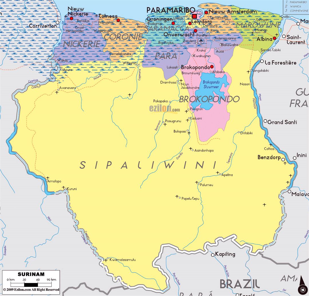 Большая политическая и административная карта Суринама с дорогами, городами и аэропортами