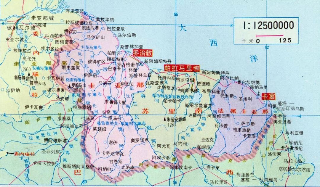 Большая политическая карта Гайаны, Суринама и Французской Гвианы на китайском языке