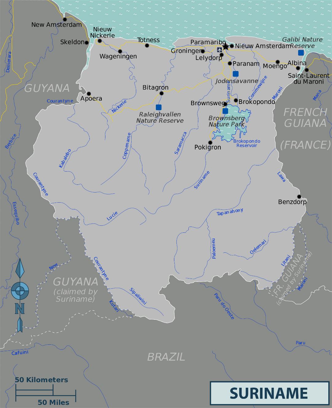 Большая политическая карта Суринама с городами