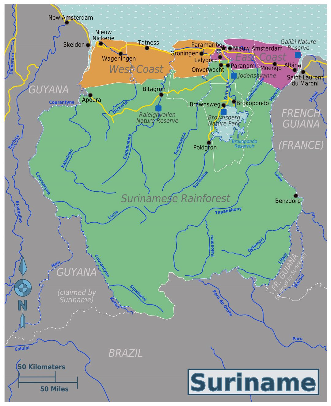Большая карта регионов Суринама
