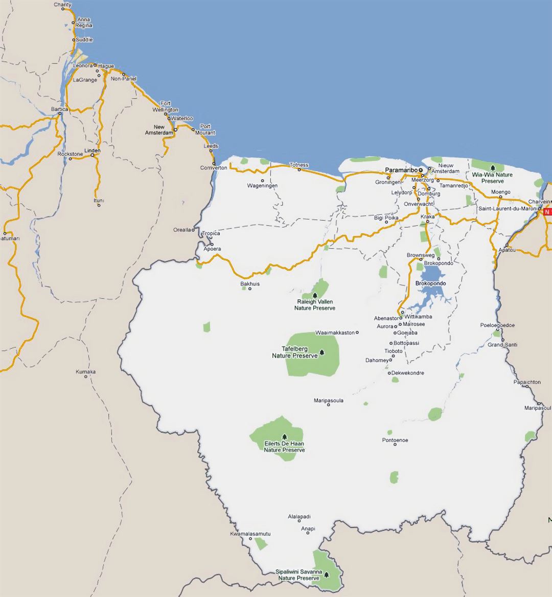 Большая карта дорог Суринама с городами