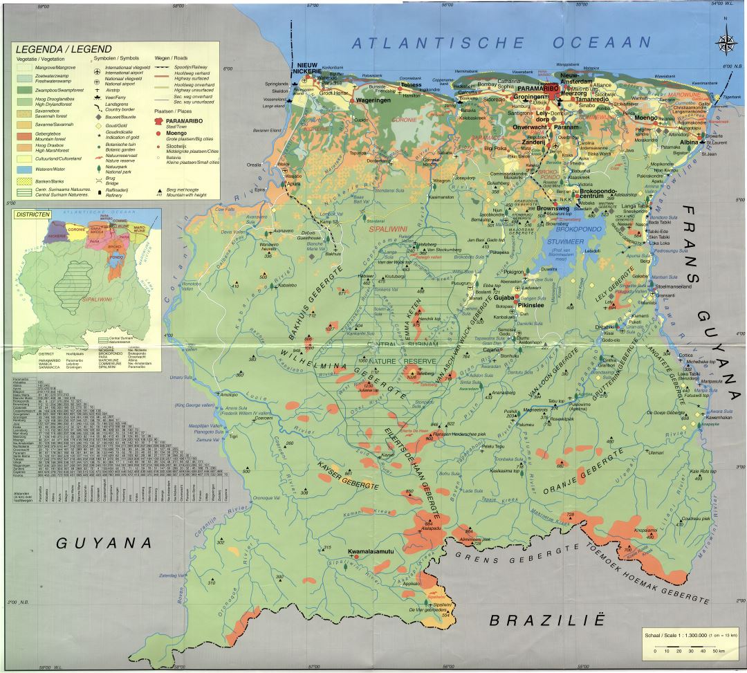 Крупномасштабная детальная карта Суринама со всеми дорогами, городами, аэропортами и другими пометками