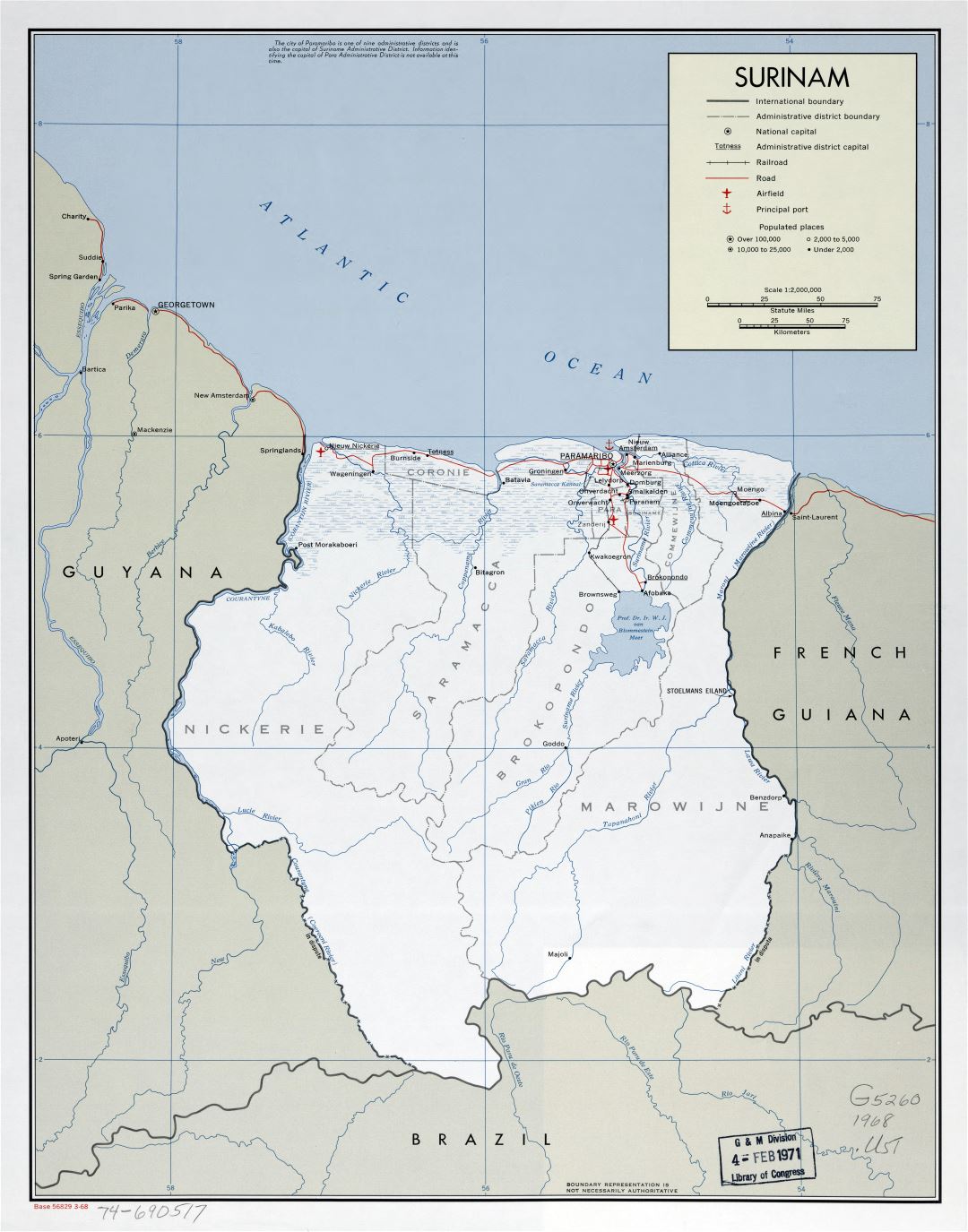 Крупномасштабная политическая и административная карта Суринама с пометками дорог, железных дорог, городов, морских портов и аэропортов - 1968