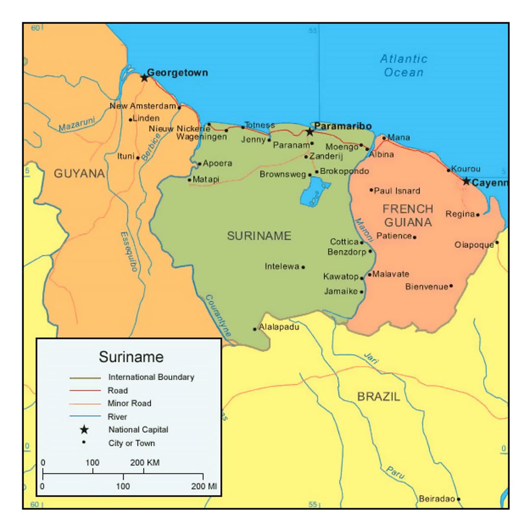 Политическая карта Суринама с городами и дорогами