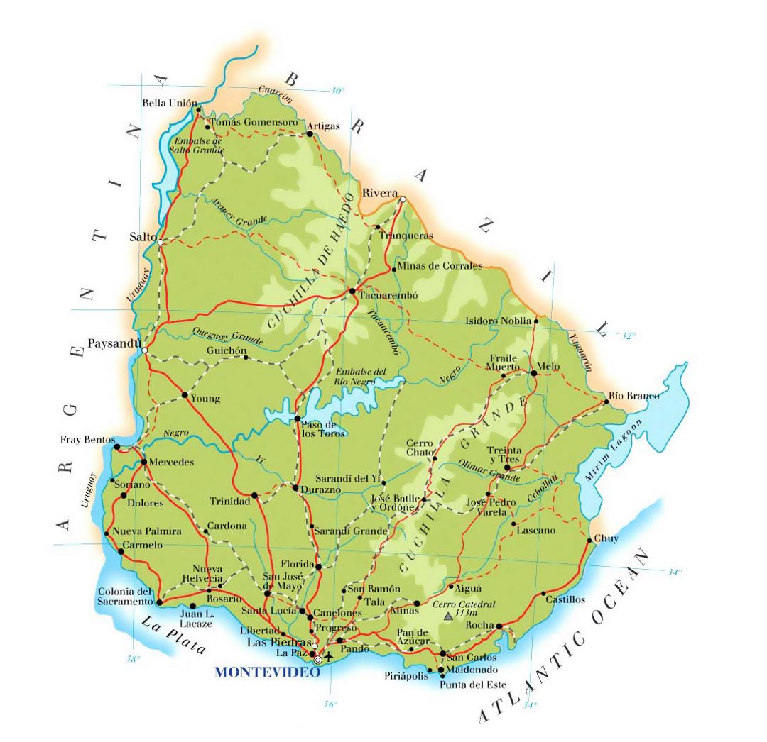 Детальная карта высот Уругвая с дорогами, городами и аэропортами