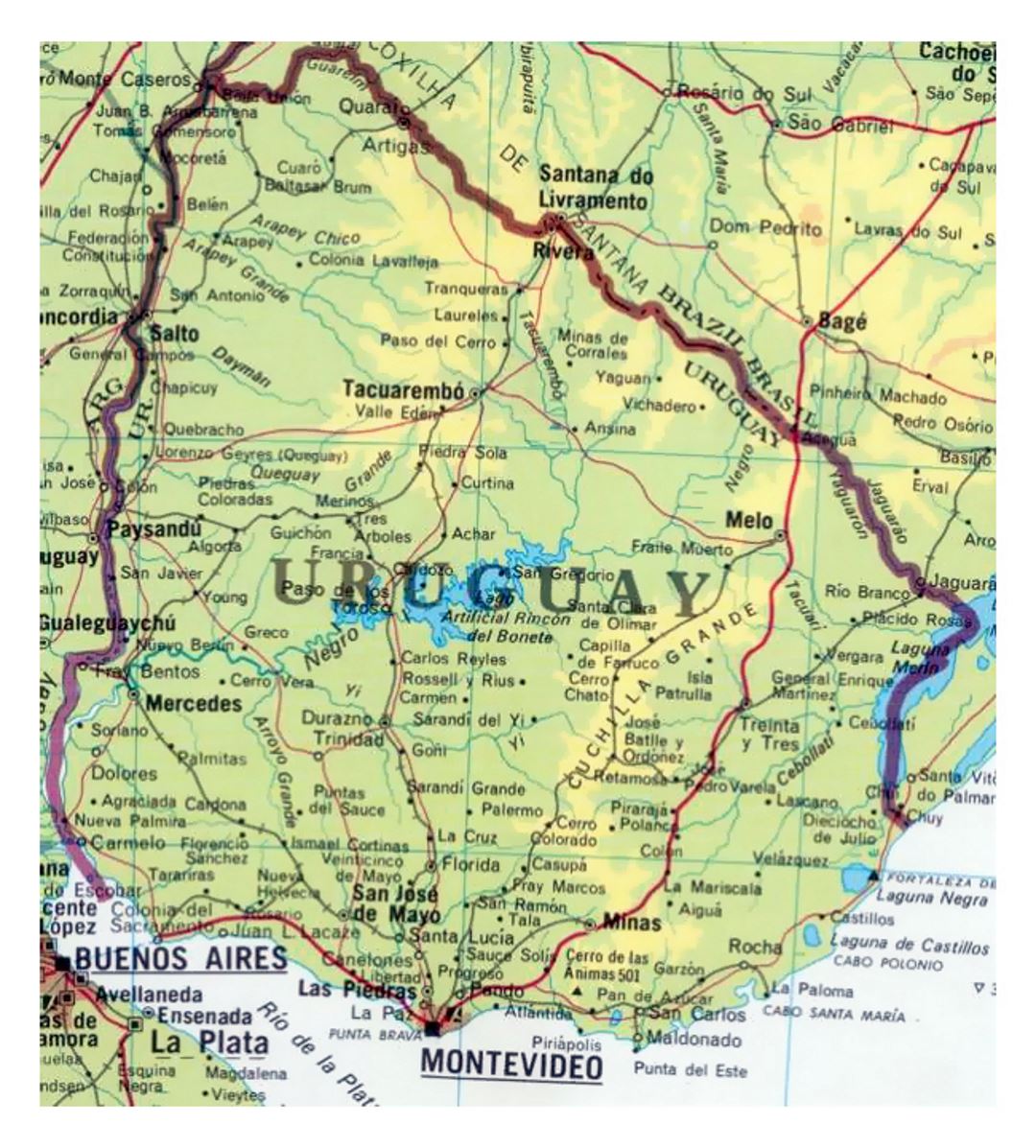 Подробная карта Уругвая с дорогами и городами