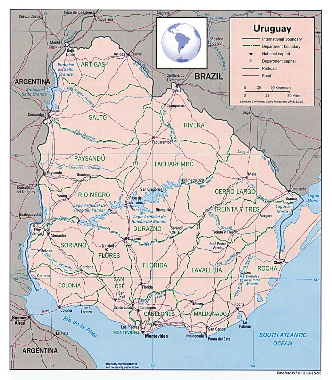 Детальная политическая и административная карта Уругвая